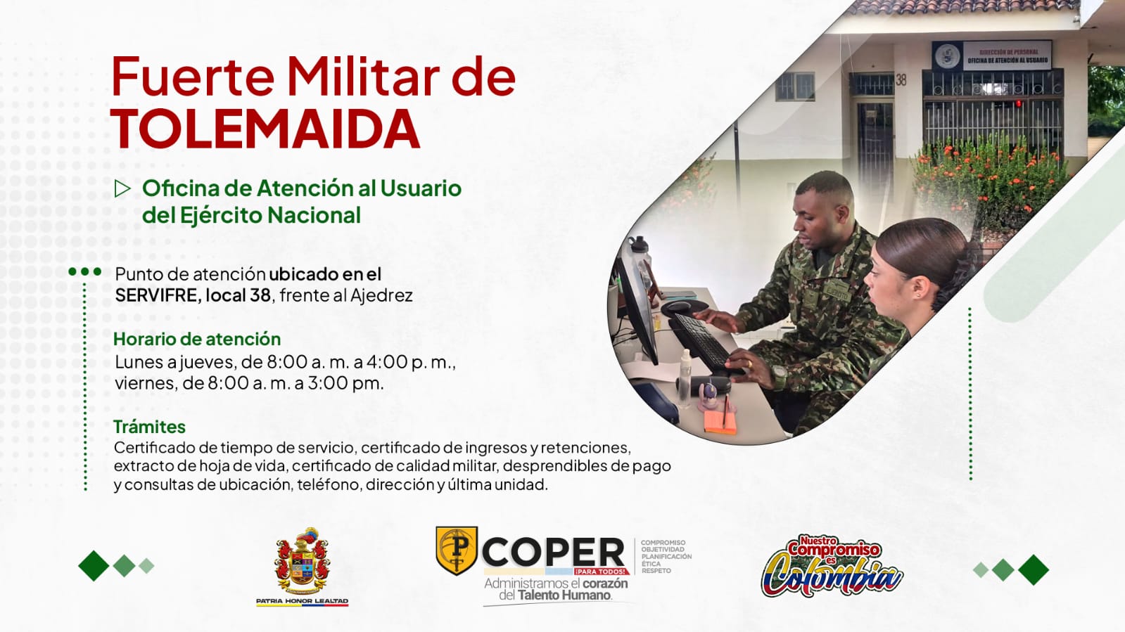 En Tolemaida también puede realizar sus trámites: conozca la Oficina de Atención al Usuario del Ejército Nacional